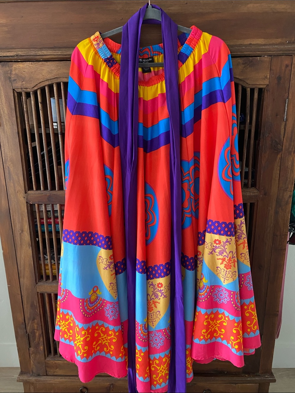 Vibrant Multicolor Boho Maxi Skirt with Purple Scarf